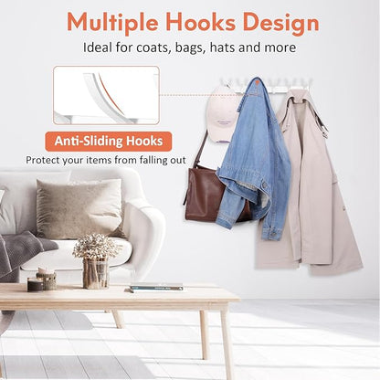 Coat Rack Wall Mount, Coat Hook Wall Mount, Wall Hooks for Hanging, Hat Rack for Walls, Coats Hanger with 12 Hook, Towel Hooks for Bathrooms (1 Pack, White)