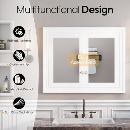 WELLFOR 40"x 32" Bathroom Medicine Cabinet with Dual Mirrors, Recessed Wood Medicine Cabinet with 3-Tier Adjustable Glass Shelves and Soft-Close Door