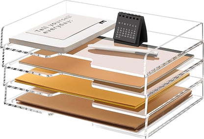 SANRUI Clear Acrylic Paper Tray, 4 Tier Stackable Letter Tray Desk Organizer with Curved Design, Oversized Document File Holder for Home Office Classroom Desktop Storage
