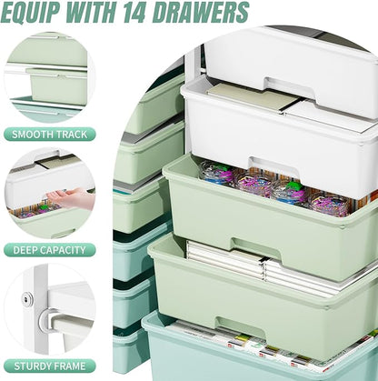 Rolling Storage Cart with 14 Drawers, Storage Organizer Cart with Tabletop and Pegboard,Utility Cart for Living Room, Classroom, Bedroom,Bathroom,Dorm,Office (Green)