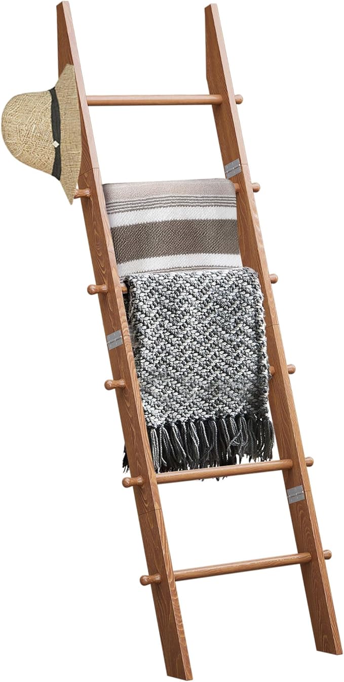 TEAKMAMA 6-Tier Blanket Ladder with Hanging Knobs,5.5 Ft Wall Leaning Blanket Ladders for Living Room Bedroom,Rustic Decorative Storage for Quilts,Throws,Easy to Assemble,Honey Brown