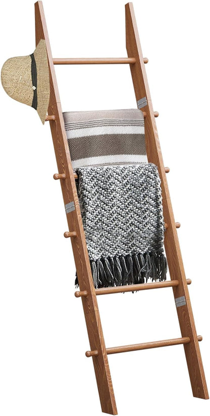 TEAKMAMA 6-Tier Blanket Ladder with Hanging Knobs,5.5 Ft Wall Leaning Blanket Ladders for Living Room Bedroom,Rustic Decorative Storage for Quilts,Throws,Easy to Assemble,Honey Brown