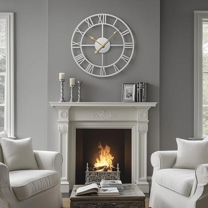 Cuspin 16 inch Wall Clock, Modern Decorative Clock Battery-Operated Silent Non Ticking, Silver Metal Round Clock Roman Numeral Analog for Living Room, Kitchen, Bedroom, Office, Home Decor
