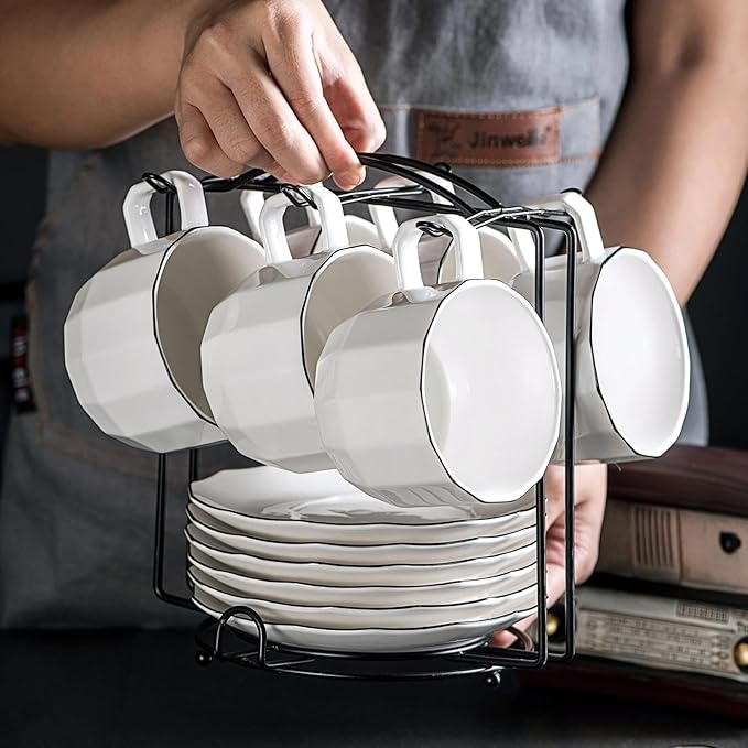 YOLIFE Tea Cup Holder for Countertop, Metal Cup and Saucer Display Stand, Foldable Tea Station Organizer, Espresso Coffee Cups Rack for Home or Bar Decor