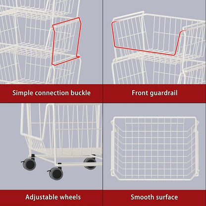 PUSDON 4-Tier Spacious Stackable Wire Storage Baskets with Wheels, Metal Rolling Utility Cart, Produce Basket for Pantry, Bathroom Organizer Shelf, Classic White