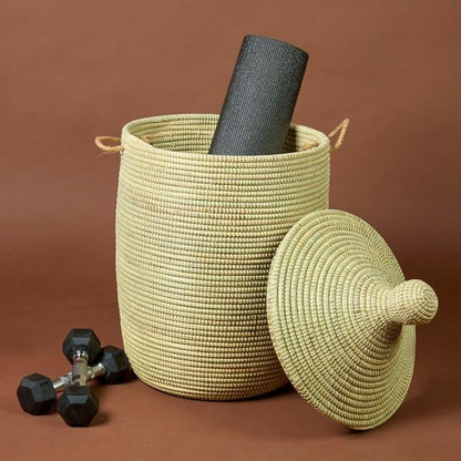 Natural Beige Laundry Basket with Hooded Lid, Bedroom Hamper, Nursery Toys Bin, Living Room Blankets Storage, Decorative, Wicker, Sturdy, Round, Handles, African, Hand Woven, Made in Senegal (Medium)
