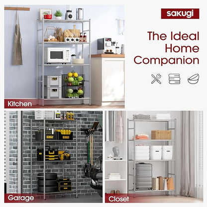 Sakugi Storage Shelves - 4 Tier Shelf Organizer, Heavy Duty Garage Shelving Unit with Leveling Feet, Stable Metal Shelves Organizer for Pantry, Kitchen and Closet, 33.0" W x 12.6" D x 57.2" H, Silver