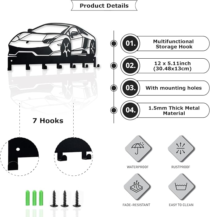 Metal Car Key Holder for Wall,Metal Key Organizer Wall Decorative with 7 Hooks,Black Wall Mount Key Holder for Entryway,Front Door,Hallway,Office