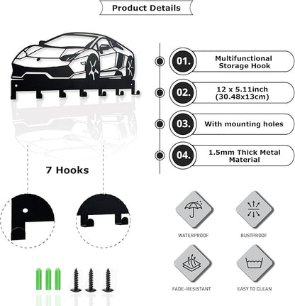 Metal Car Key Holder for Wall,Metal Key Organizer Wall Decorative with 7 Hooks,Black Wall Mount Key Holder for Entryway,Front Door,Hallway,Office
