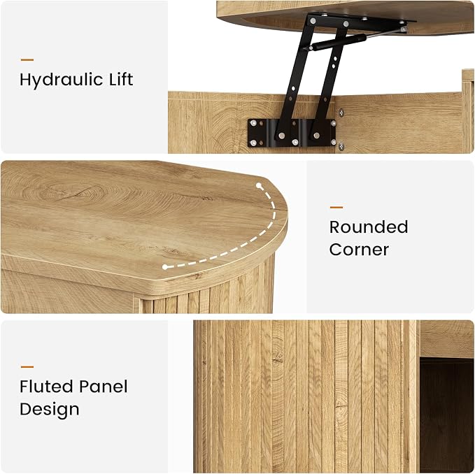 FABATO Oval Lift Top Coffee Table with Storage, Mid Century Modern Coffee Table for Living Room, 2 Tier Center Table with Lift-Top, 41.7" Fluted Wood Table for Reception Room, Home Office, Wood
