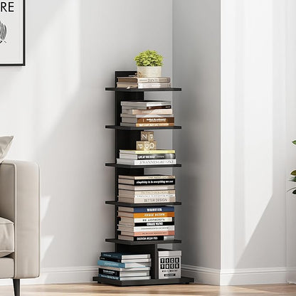 TUTOTAK Narrow Bookshelf, 6-Tier Bookcase, Spine Book Shelf for Small Space, Corner Standing Shelf for Living Room, Office, Study, Entryway, Black BS06BK016