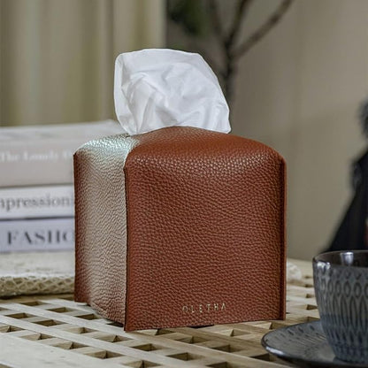 OLETHA Square Tissue Box Cover - Aesthetic Desk Decor for Room, Home & Office - Tissues Cube Boxes Holder - Brown