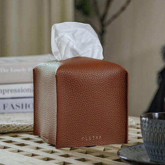 OLETHA Square Tissue Box Cover - Aesthetic Desk Decor for Room, Home & Office - Tissues Cube Boxes Holder - Brown