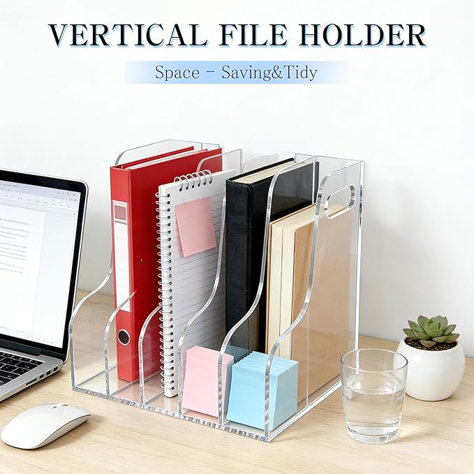 5-Tier Clear Acrylic File Holder, Vertical Document Organizer for Magazines, Binders, Notebooks & Envelopes - Multi-Purpose Desk Storage for Home Office（A4,5 Sections）