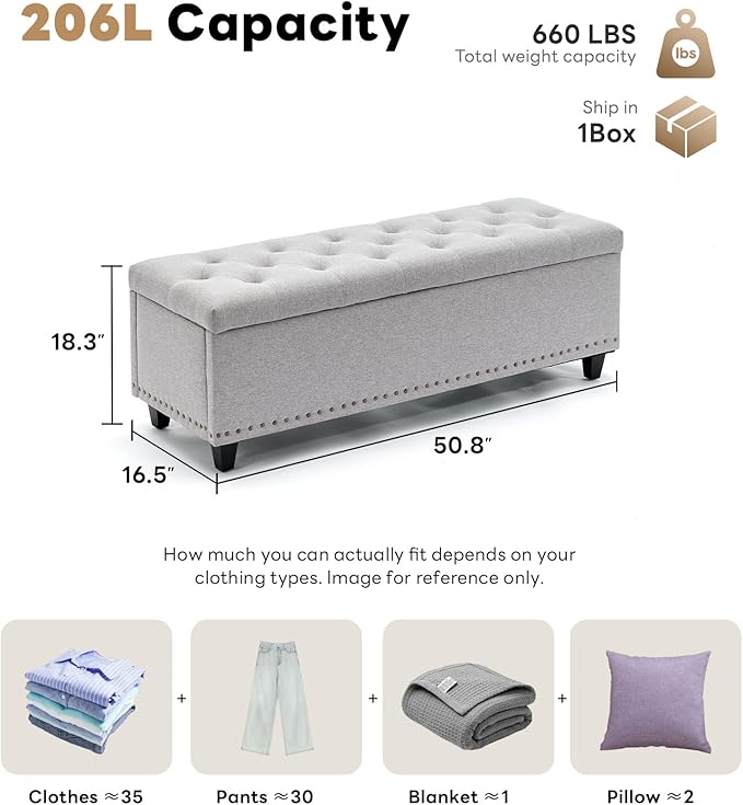 Tbfit 50.8“ Large Ottoman Storage Bench for Bedroom, Oversized Tufted Upholstered Entryway Benches End of Bed, Rectangle Dorm Foot Stool with Safety Hinge & Solid Wood Legs, Loads 660 lb, Light Gray
