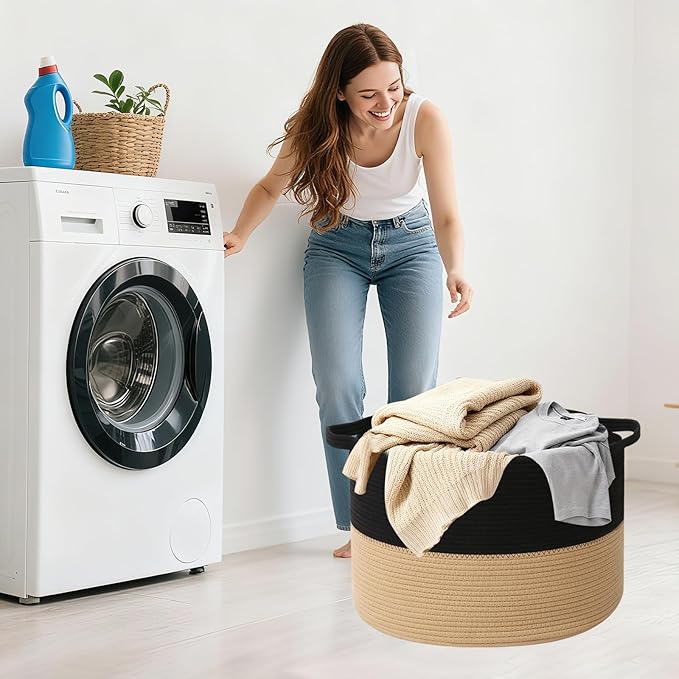90L Extra Large Blanket Basket,Woven Laundry Basket Hamper with Handles, Decorative Nursery Basket Storage Bin for Toys, Clothes Organizer, Living Room, Bedroom, Bathroom, Black&Camel