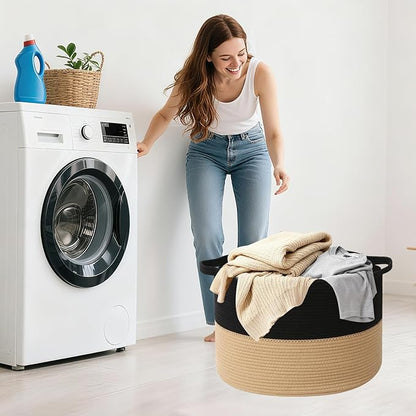 90L Extra Large Blanket Basket,Woven Laundry Basket Hamper with Handles, Decorative Nursery Basket Storage Bin for Toys, Clothes Organizer, Living Room, Bedroom, Bathroom, Black&Camel