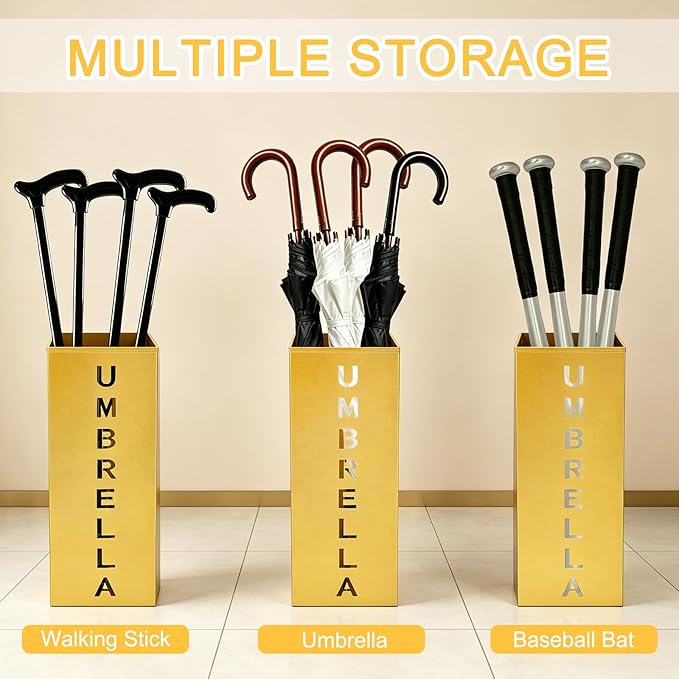 Gold Metal Umbrella Holder, Square Freestanding Umbrella Rack Stand Storage Bucket for Indoor Entryway, Home, Office and Hotel, 16.26 x 6.46 x 6.46 Inch