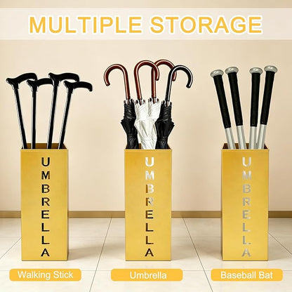 Gold Metal Umbrella Holder, Square Freestanding Umbrella Rack Stand Storage Bucket for Indoor Entryway, Home, Office and Hotel, 16.26 x 6.46 x 6.46 Inch