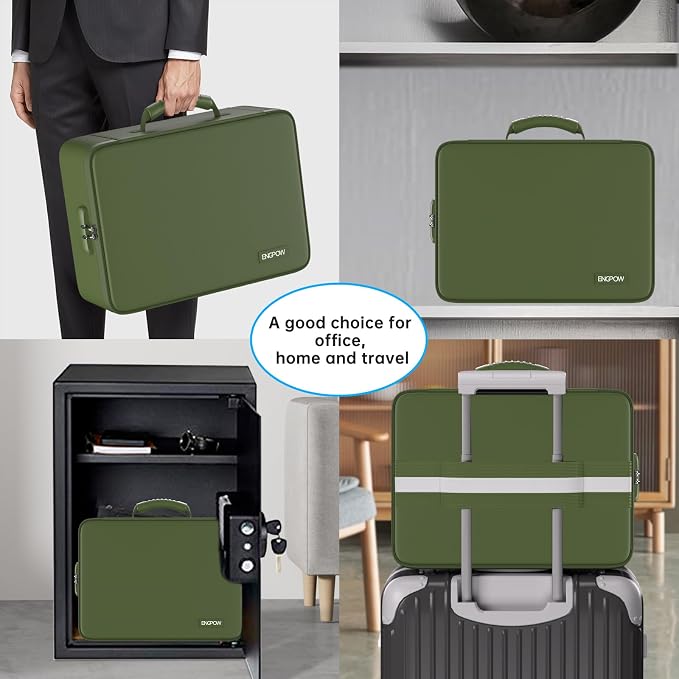 ENGPOW 5200 Fireproof File Organizer Bag with 13 Pocket Accordion File Folder, Document Organizer Box with Lock & Labels, Multi-Layer Portable Home Travel Safe Storage for Important Documents, Green