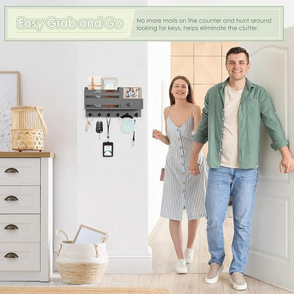 VIS'V Key Holder Wall Mount, Wooden Mail and Key Organizer with Drawer and Shelf, 2 Slots, 6 Hooks, Grey