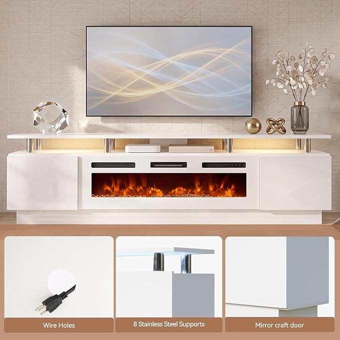 90" TV Stand for Living Room, Large Entertainment Center & Media Console, Fits TVs up to 100", Storage Cabinet with Shelves, 50" Electric Fireplace, All White