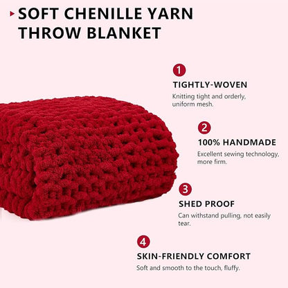 L'AGRATY Chunky Knit Blanket Throw - Soft Chunky Throw Blankets 40x50: 100% Hand Kintted Chenile Crochet Large Cable Knit Blanket - Rope Knot Throw Blankets for Couch Home Decor(Red)