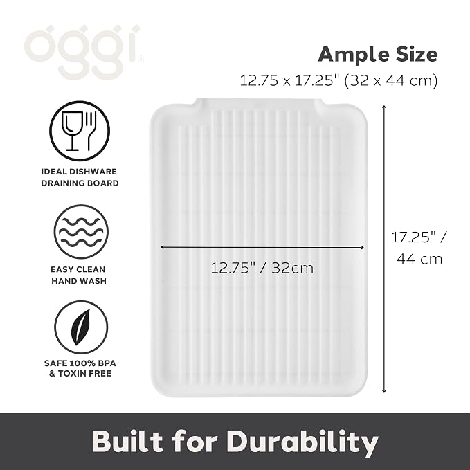 Oggi Dish Drain Board and Drying Rack Tray for Kitchen Counter, Plastic Drainboard with Raised Ridges, 12.75 x 17.25 inches - White