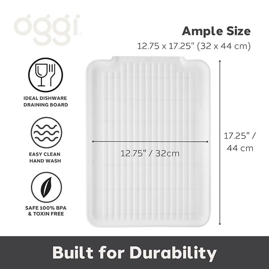 Oggi Dish Drain Board and Drying Rack Tray for Kitchen Counter, Plastic Drainboard with Raised Ridges, 12.75 x 17.25 inches - White
