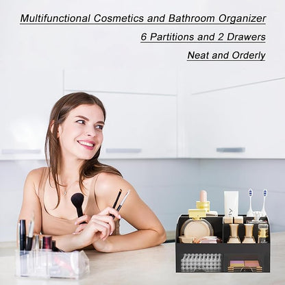 Makeup Organizer with 2 Drawers, Cosmetic Storage for Dresser Vanity and Bathroom Countertop,Make up organization and Skincare Storage with Beauty Brush Holder, Cosmetic Display Case 2Pcs Black