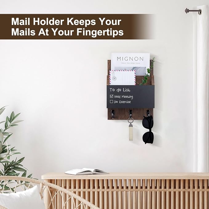 Key and Mail Holder for Wall Mount, Entryway Mail Holder with 2 Slot, Key Holder with 3 Sturdy Hooks for Coat, Dog Leash, Decorative Key Rack (8.86”W x 11.42”H x 3”D) (Brown)