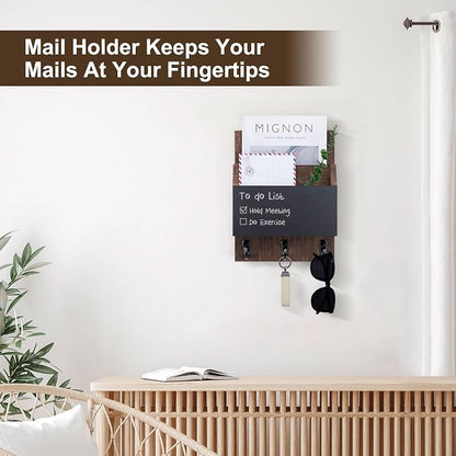 Key and Mail Holder for Wall Mount, Entryway Mail Holder with 2 Slot, Key Holder with 3 Sturdy Hooks for Coat, Dog Leash, Decorative Key Rack (8.86”W x 11.42”H x 3”D) (Brown)
