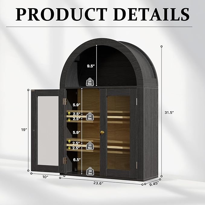 BREEZEHEAT Bathroom Medicine Cabinet Wall Mount-Over The Toilet Storage Cabinet-Arched Wall Cabinet with Glass Doors & Adjustable Shelves, Wood Cabinet for Laundry Room, Kitchen, Living Room, Black