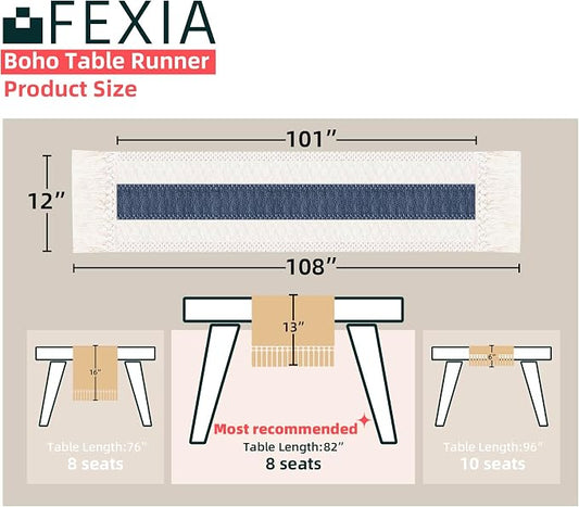 FEXIA Boho Blue Table Runner 108 Inches Long with Tassels Macrame Farmhouse Summer Style Graduation Party Rustic Wedding Baby Shower Dining Kitchen Living Room Decor (12x108 Inches)