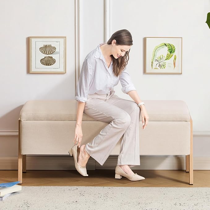 Furniliving Storage Bench for Bedroom, Modern End of Bed Storage Ottoman Bench, Upholstered Linen Ottoman Benches, Folding Bedroom Ottoman for Living Room, Entryway, Beige