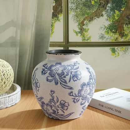 Ceramic Flower Vase Home Decor, 6.2 inch Farmhouse Rustic Vintage Decorative Vases, Pottery Terracotta Boho Flowers Vases for Dining Table, Living Room, Shelf, Kitchen, Bedroom (6.2"-Blue and White)