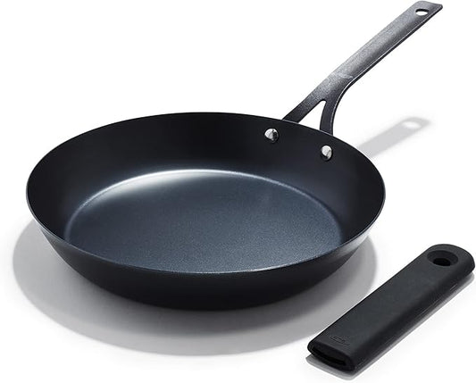OXO Obsidian Pre-Seasoned Carbon Steel, 10" Frying Pan Skillet with Removable Silicone Handle Holder, Induction, Oven Safe, Black