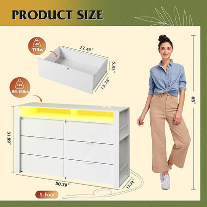 WLIVE 6 Drawer Led Dresser for Bedroom, 51" White Wood Dresser Storage Organizer with Charging Station for 55" TV, Dressers with Open Shelves, Hanging Rack, Chest of Drawers for Closet, Living Room