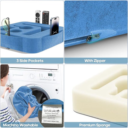 Couch Cup Holder Pillow, Sofa and Bed Caddy for iPad, Kindle, Switch, Game Controller, Remotes, Phones, Small-Sized Cup and Drink Holder for Couch, Bed, Desk, Car, Beach, Bathroom Cup Holder, Blue