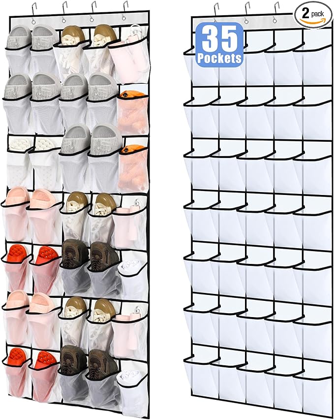 Windyun 2 Pcs 70 Large over The Door Shoe Organizer Hanging Shoe Rack for Closet Holder White Mesh Pockets Back to School Behind Door Hanger Storage Nonslip for Home Room School Dorm, Each 35 Pockets