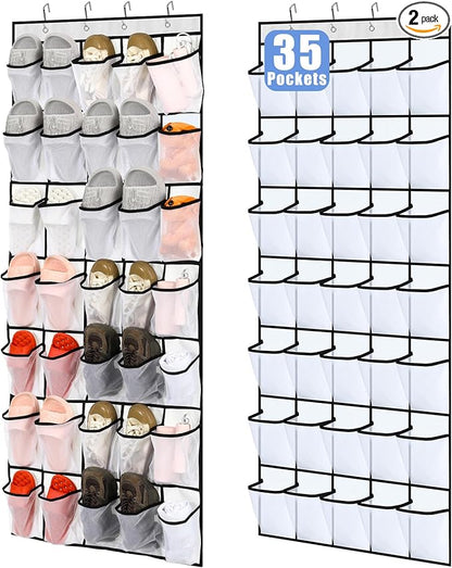 Windyun 2 Pcs 70 Large over The Door Shoe Organizer Hanging Shoe Rack for Closet Holder White Mesh Pockets Back to School Behind Door Hanger Storage Nonslip for Home Room School Dorm, Each 35 Pockets