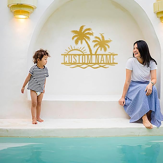 Personalized Backyard Pool Metal Sign Custom Sunshine Palm Tree Beach House Metal Wall Art Personalized Ocean Waves Pool Patio Decoration Birthday Family Pool Home décor Tree House Sign