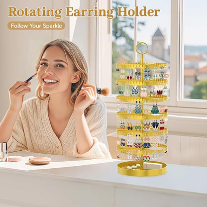 MODOWEY 6 Tier Rotating Earring Holder Organizer Display Tree with Metal Tray, Adjustable Plastic Stand with 342 Slots for Stud Hoop Hanger, Large Capacity Storage Rack for Women Space-Saving, Gold