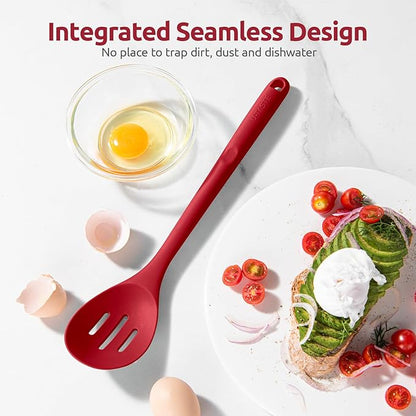600ºF Heat Resistant Slotted Spoon: U-Taste 13.3in Solid Kitchen Cooking Spoon, Nonstick Food Grade Large & Long Rubber Utensil for Mixing, Serving, Stirring, Basting, Frying, Draining (Red)