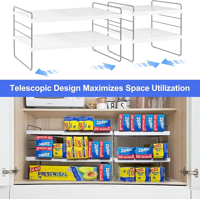 Cirhy Pantry Organizers and Storage,3 Tiers Expandable Foil and Plastic Wrap Organizer, Adjustable Kitchen Cabinet Shelf Organizer, Shelves Storage Rack for Cabinet Countertop (9.8" To 15.6" L) 2PCS