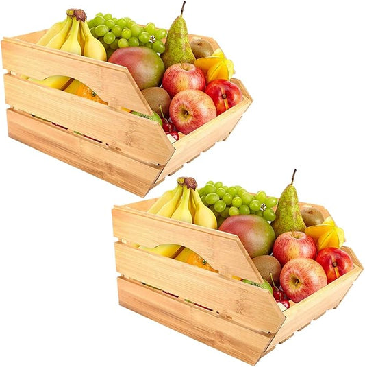 ROYALHOUSE Bamboo Fruit Basket, Stackable Basket, Fruit & Vegetable Storage For Kitchen Countertop, Bamboo Fruit Bowl, Tabletop Fruit Serving Bowl (Pack of 2)