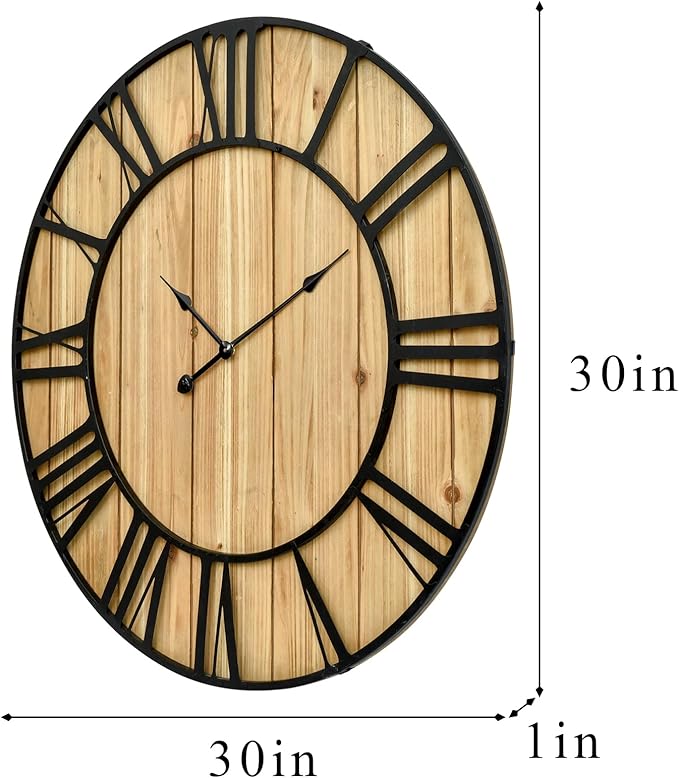 EMAX HOME Large Farmhouse Wall Clock 30 Inch Vintage Brown Wooden Wall Clock with Quiet Ticking and Minimalist Roman Numerals for Bedroom Living Room Office Kitchen Home Decor, Battery Operated