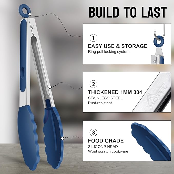 HOTEC Premium Stainless Steel Locking Kitchen Tongs with Silicon Tips, Set of 2-9" and 12", Classic Blue