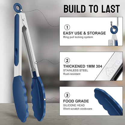 HOTEC Premium Stainless Steel Locking Kitchen Tongs with Silicon Tips, Set of 2-9" and 12", Classic Blue