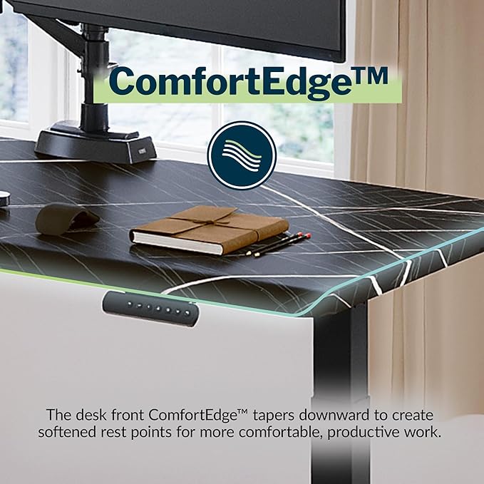 Vari ComfortEdge 60x30 Inch Adjustable Electric Standing Desk – Limited Edition Sit Stand VariDesk with Memory Presets & Sloped Front Edge + Tool-Free Assembly (Black Marble/Black Legs)